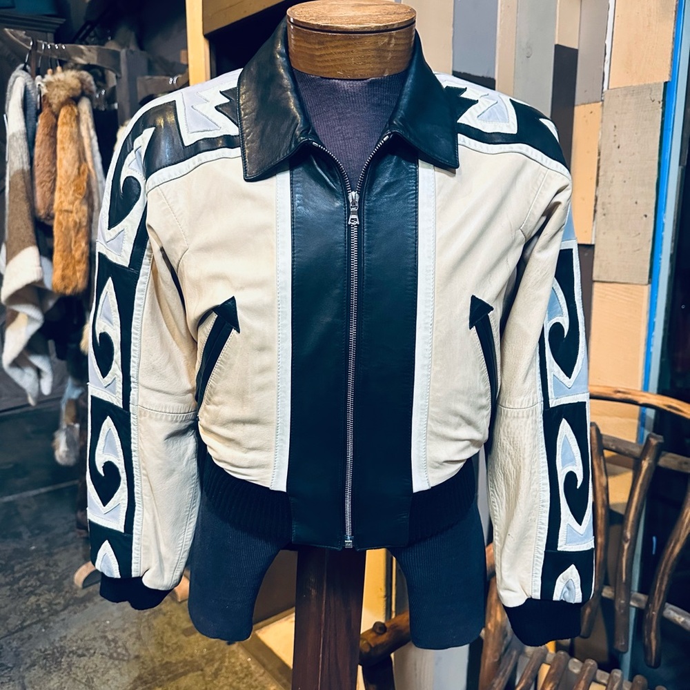 Michael Hoban North Beach Leather Black and Cream Leather Bomber Jacket